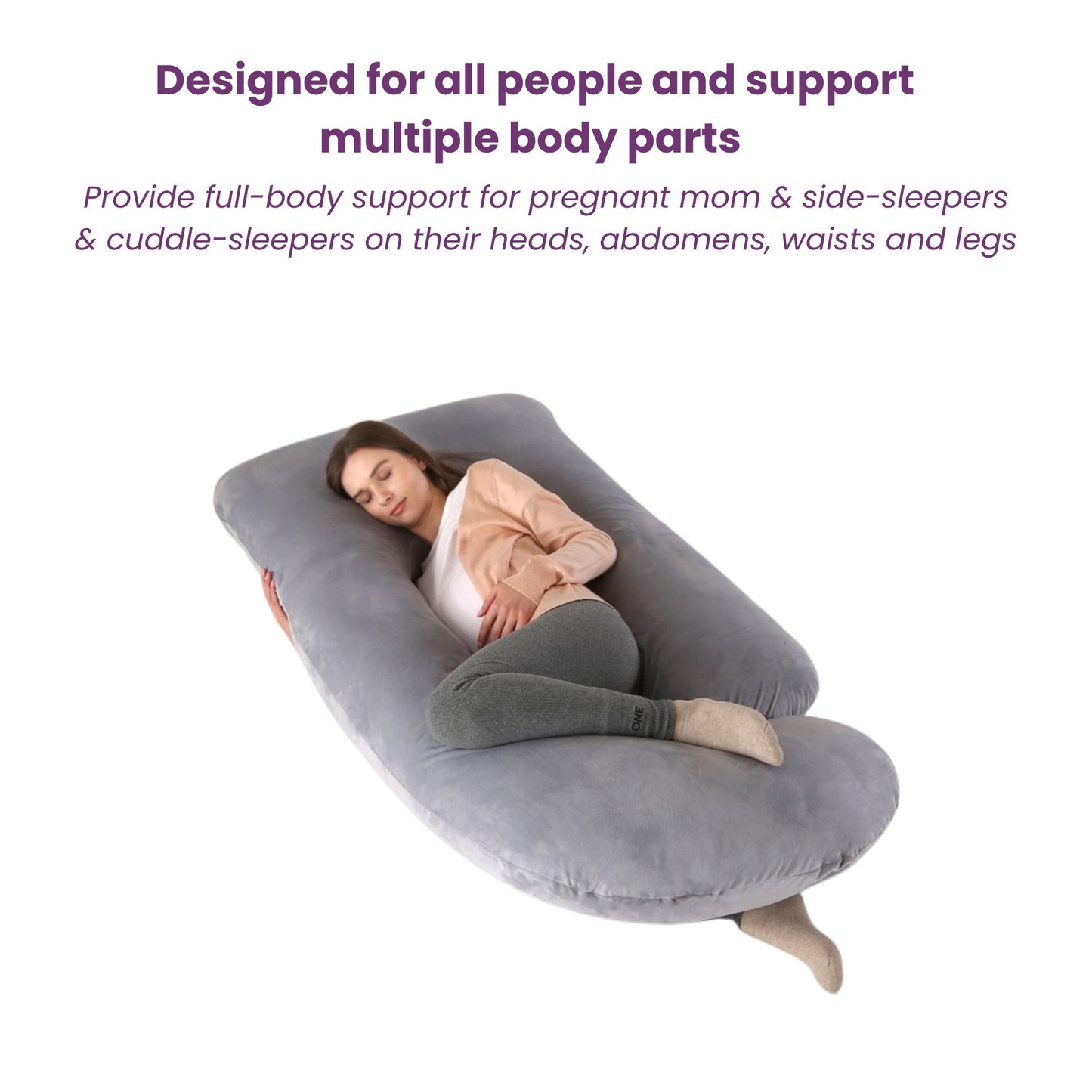 A pregnant girl is sleeping on Eileensia Ultra Contour Swan Body Pillow which support her head, knee,leg, waist and other parts in her body.
