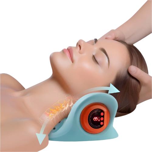 A woman is lying on our heated neck massage pillow. Because of its hill-like shape, it can stretch the bones and muscles of the neck.